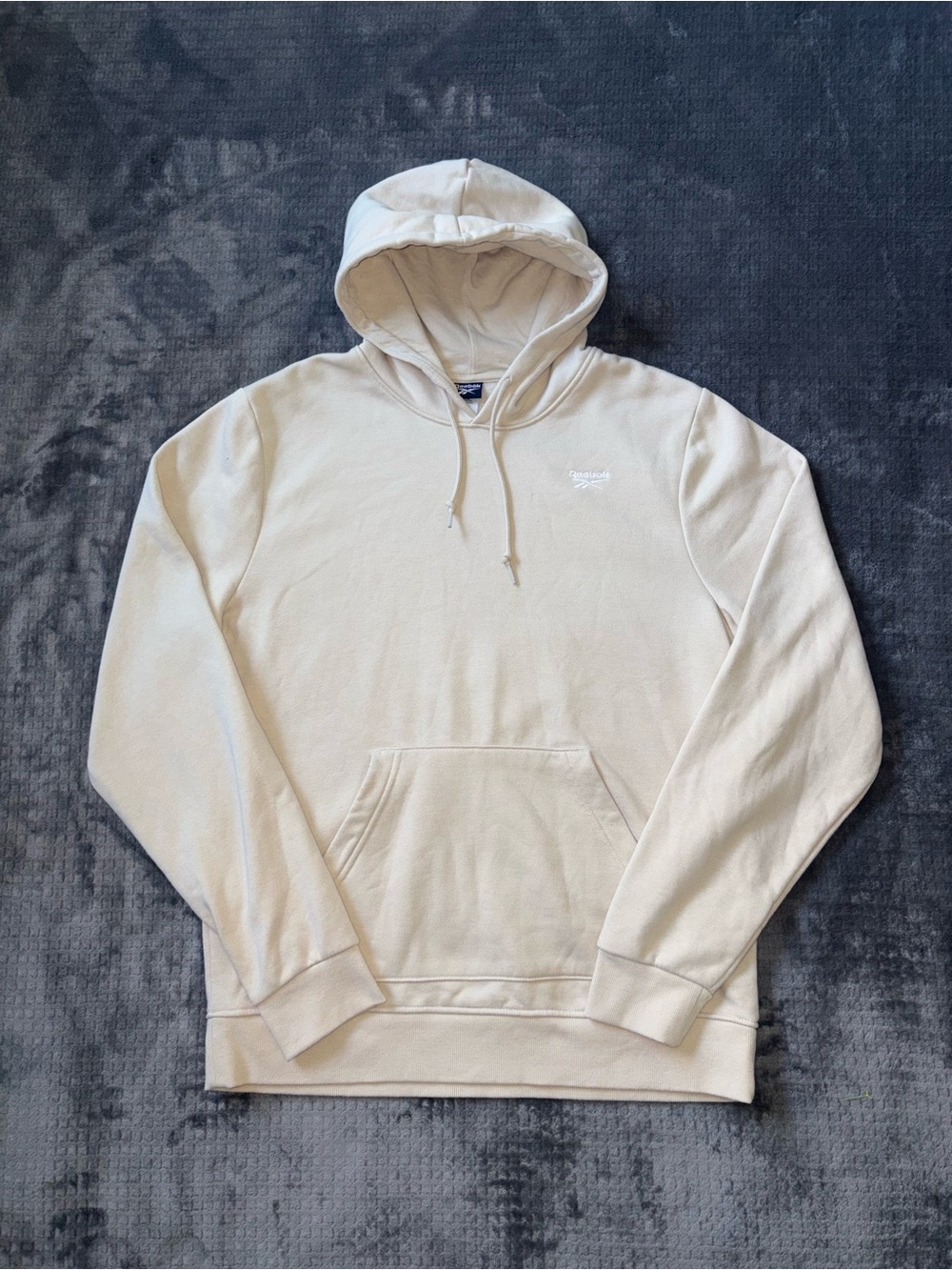 Reebok Cream Fleece Pullover Hoodie Men's XL Small White Logo Pocket Drawstrings